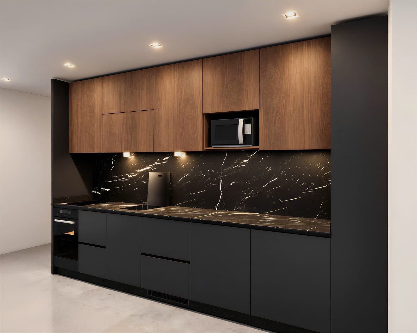 Angled concept render of the Sophi kitchen module showing the run of base units, hob, sink and oven.